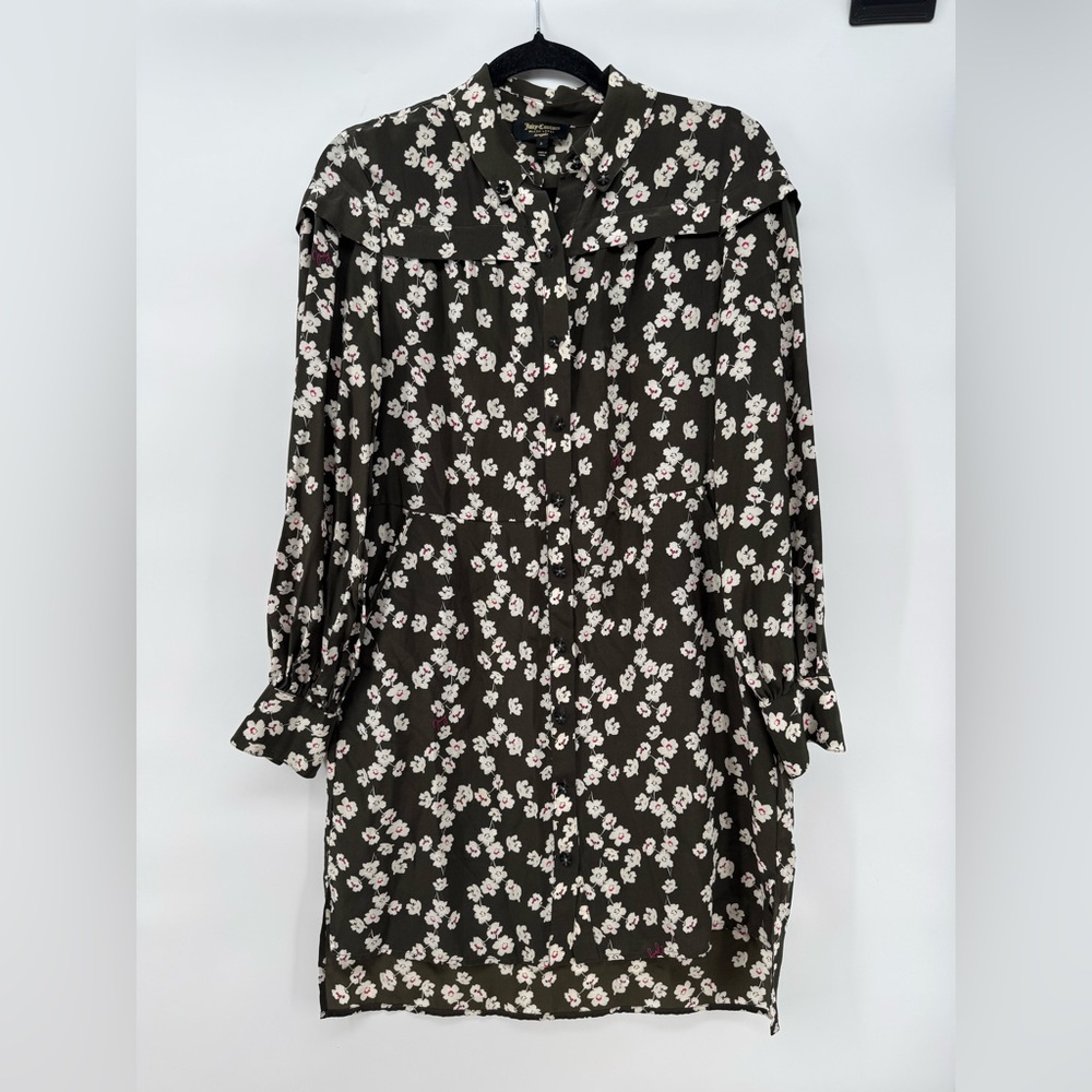 Juicy Couture Black Label Silk Olive Green Cherry Blossom Shirt Dress - Picture 1 of 10
